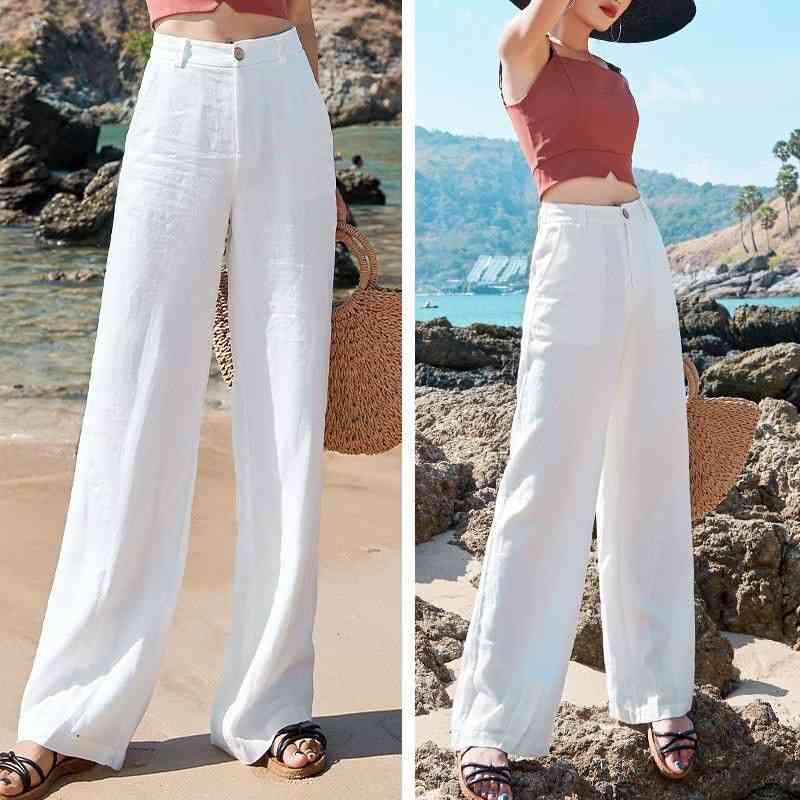 Summer Korea Fashion Women Pants Plus Size High Waist thin cotton linen Wide Leg all-matched Casual Straight Trousers D162 210512