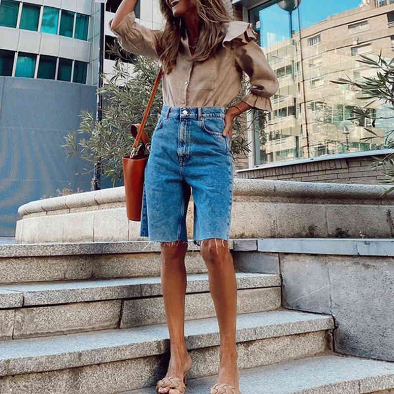 Lucyever Womens Casual Five Points Short Pants Summer Loose Straight Tassel Denim Shorts Woman Blue High Waist Shorts Jeans 210521