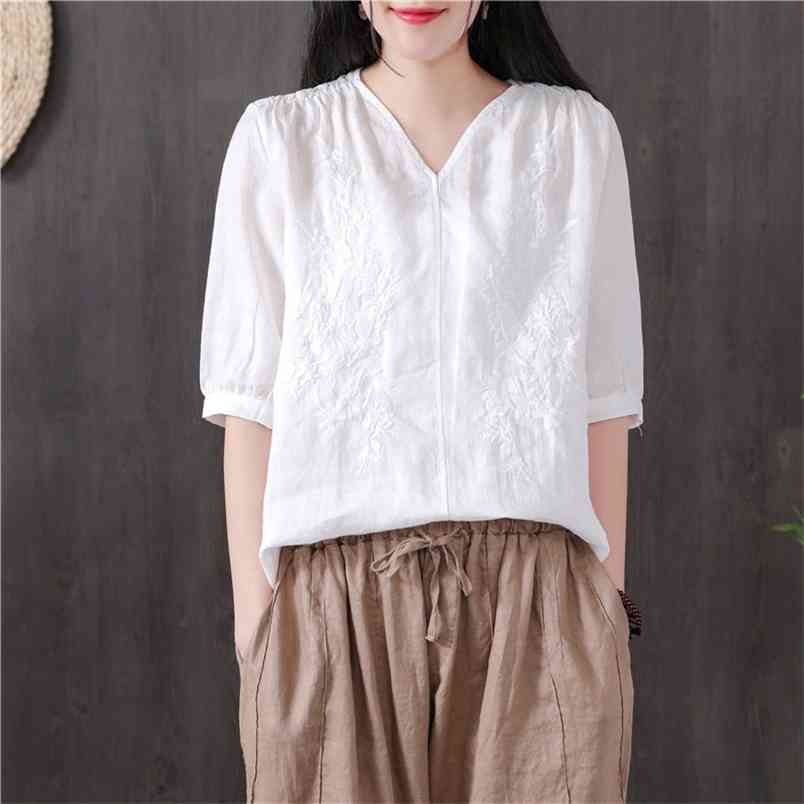 Summer Women Tshirt Plus Size Short Sleeve Loose V-neck Tops Femme Cotton Linen Embroidery Vintage Tee Shirt 4XL HXJ12 210512