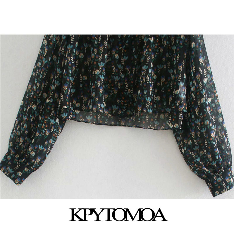 Women Fashion Smocked Floral Print Cropped Blouses Long Sleeve Button-up Female Shirts Blusas Chic Tops 210420