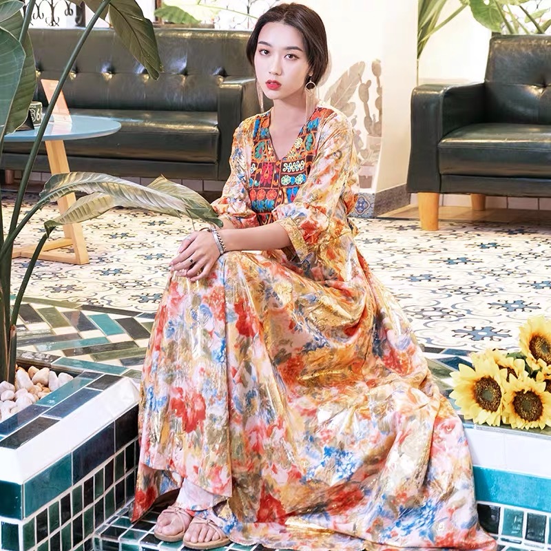 vintage flower embroidery v-neck maxi dress bohemian vocation beach summer high waist dresses women A-line robe majer 210421