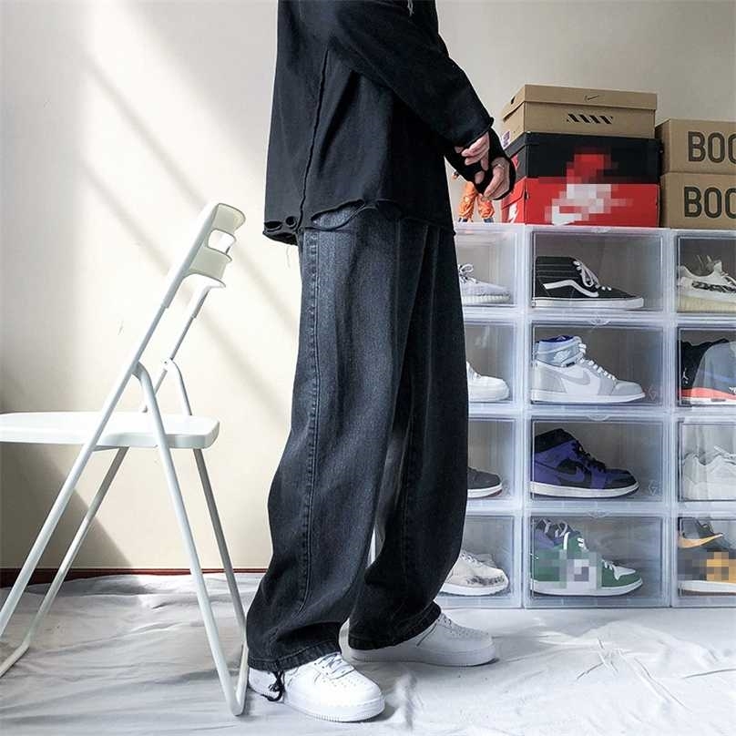 Men's Loose Black/Blue Straight Pants Solid Color Casual Baggy Homme Cargo Pocket Jeans Wide Leg Denim Trousers 211111