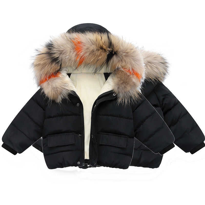kids winter plus velvet real fur collar down coat with hoodie Christmas cotton outwear girls boys warm stuffed padded children design