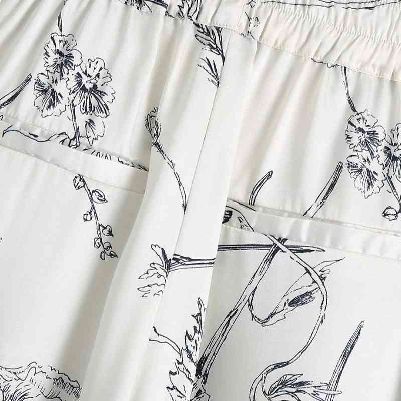 Spring Women Flower Printing Edge Piping Straight Pants Casual Lady Elastic Waist Loose Trousers P1982 210430