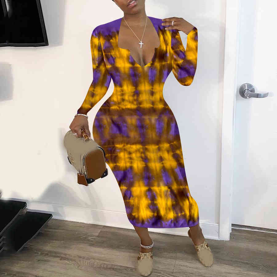 Women Sexy Long Dress Sleeve Deep v Neck Mid Calf Print High Waist Bodycon Elegant For Evening Party Night Club Wear 210510