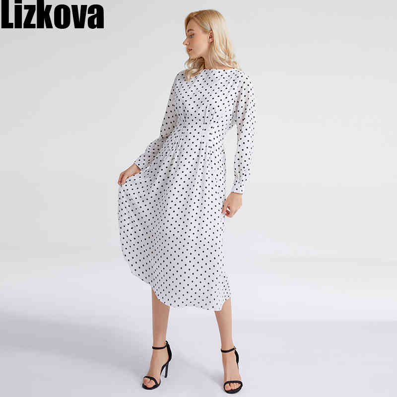 Lizkova White Dot Print Chiffon Dress Women Long Sleeve Elastic Waist Robe Spring Female O-neck Lantern Sleeve Vestio NI001 210409