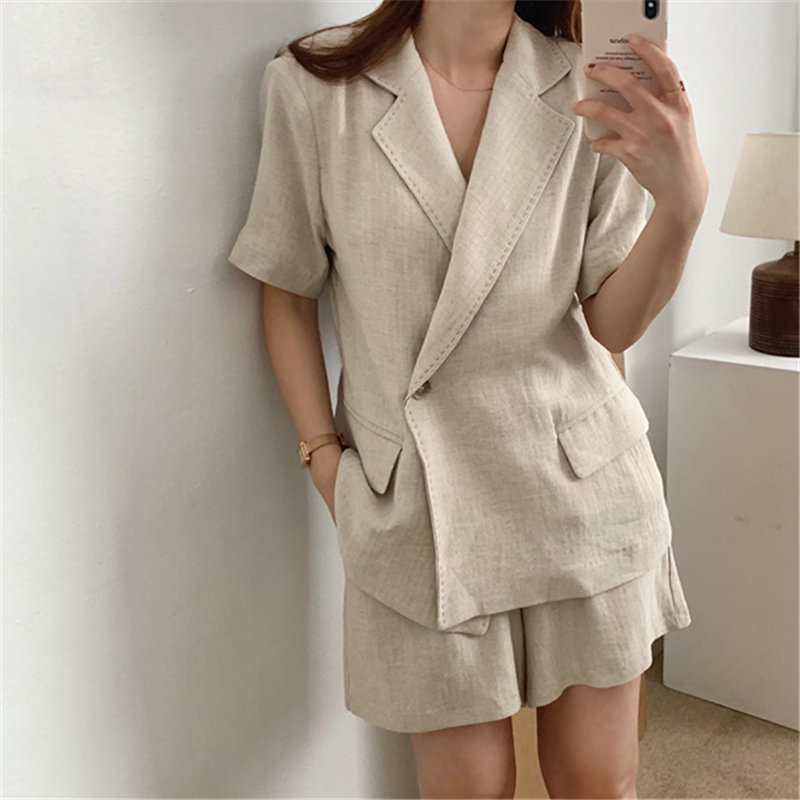 Chic Stylish Summer Femme Solid Loose Blazers+ Streetwear Casual Thin All Match Wide Leg Shorts Suits 2 Piece Sets 210421