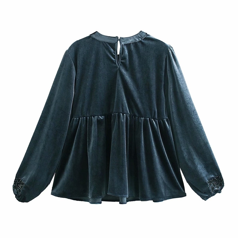 Elegant Women Solid Velvet Shirts Fashion Ladies O-Neck Pleated Tops Sweet Female Chic Floral Embroidery Blouses 210430