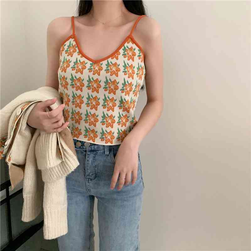 Sweaters Jumpers Floral Print Camisole Sexy Tops Retro Fashion Sweet Long Sleeve Peter Pan Collar Cardigan Flower Knitted Jacket 210429