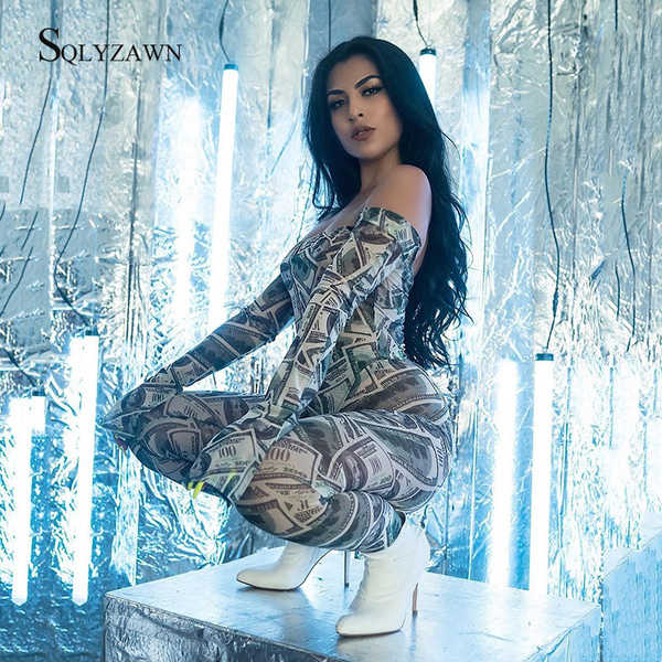 Sexy Transparent Money Print Bodycon 2 Piece Set Off Shoulder Bodysuit + Pants Gothic Party Club Dollar Pattern Suit Plus Size Y0625