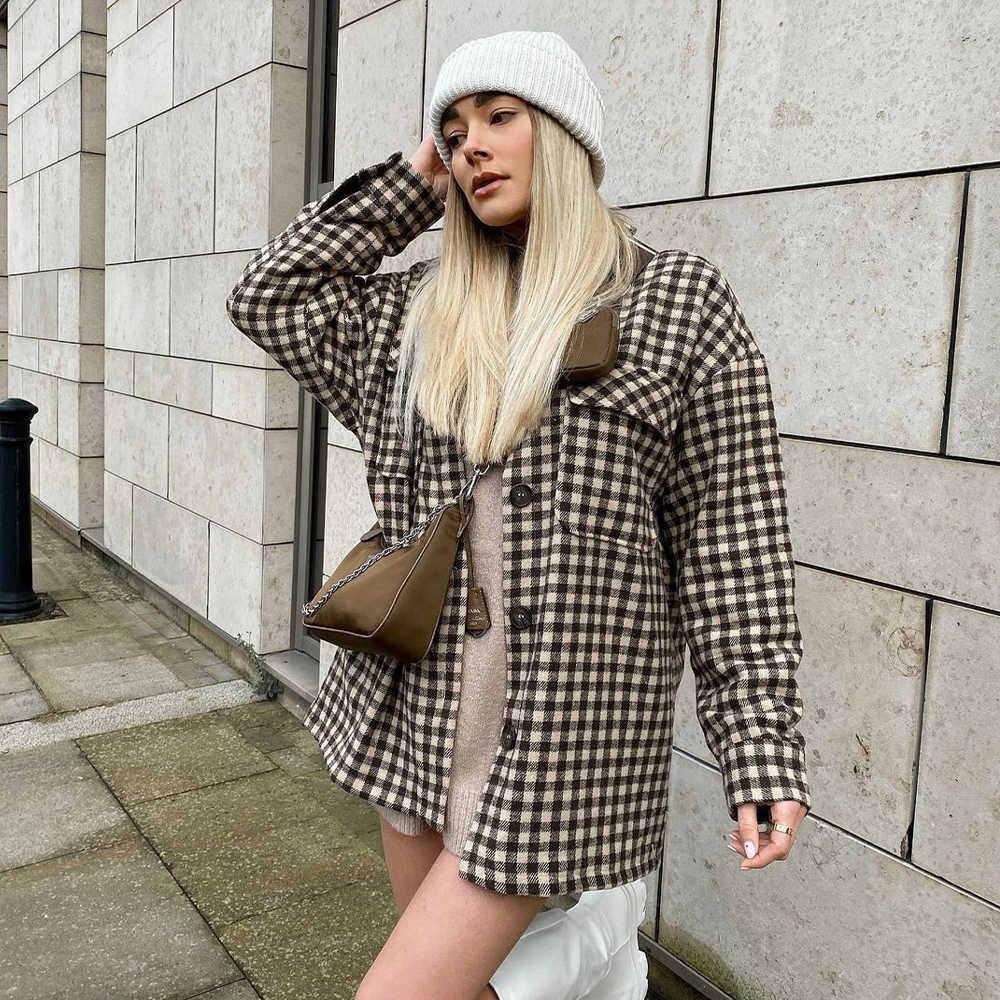 Women Jacket Checked Overshirt Chic Lady Fashion Casual Vintage Woman Oversized Coat Outfits Tops 210709