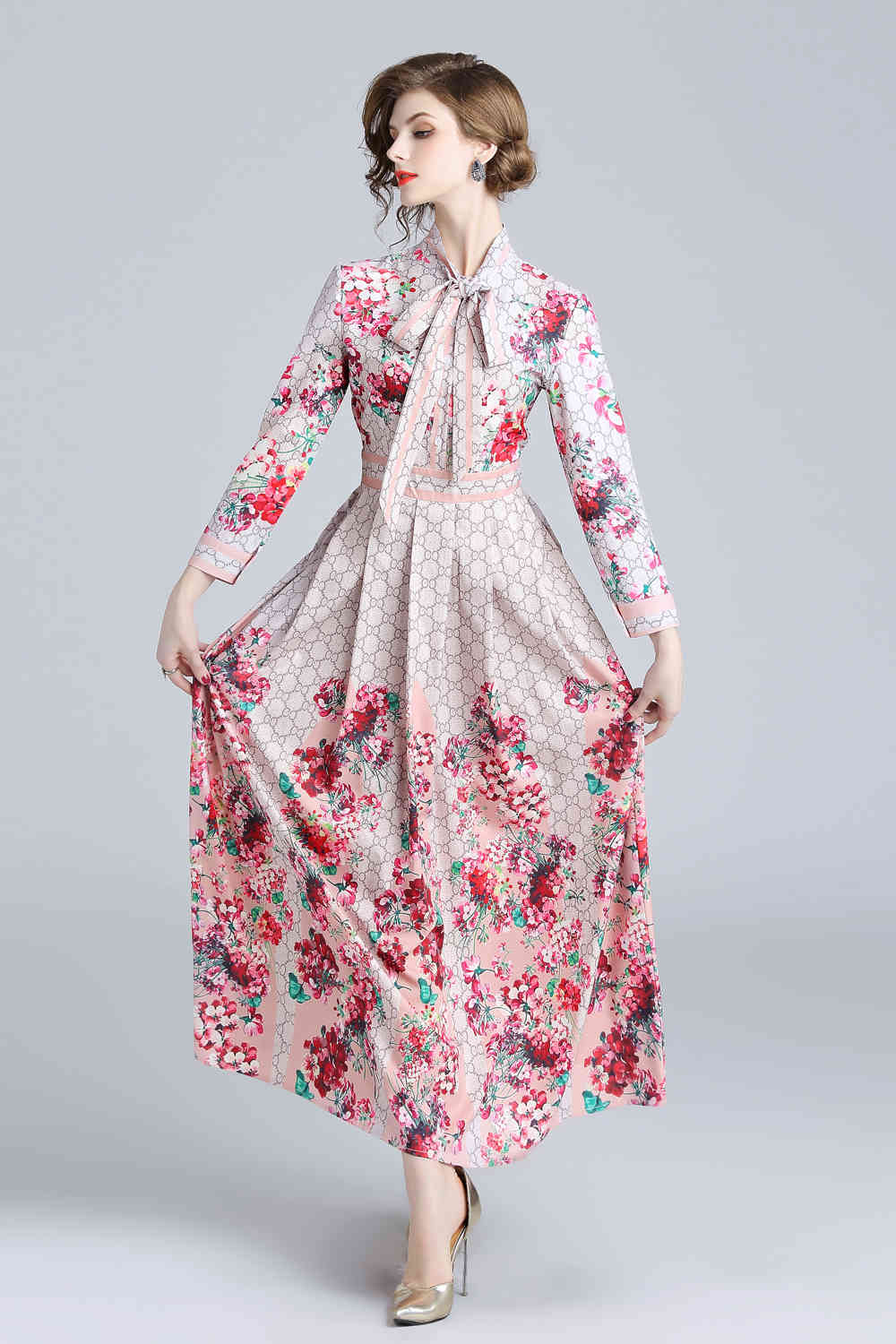 Spring Summer Fall Runway Floral Print Long Dress Ribbon Tie Neck Long Sleeve Women Party Casual Holiday Boho Maxi Dress 210409