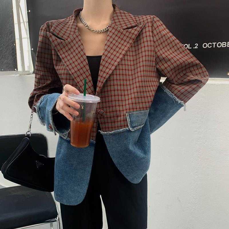 Nomikuma Spring Demin Patchwork Blazers Causal Korean Hit Color Suit Jacket Women Fashion Blazer Coat 6F775 210930