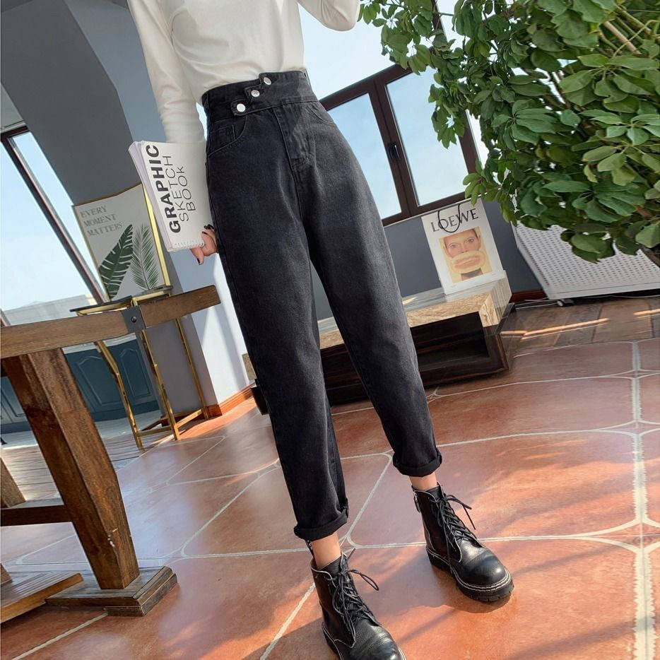 Kog739 Black New Pants Nine Points High Waist Jeans Female Loose Or Lend Students Show Wide-Legged Pants Harlan Torre Pan