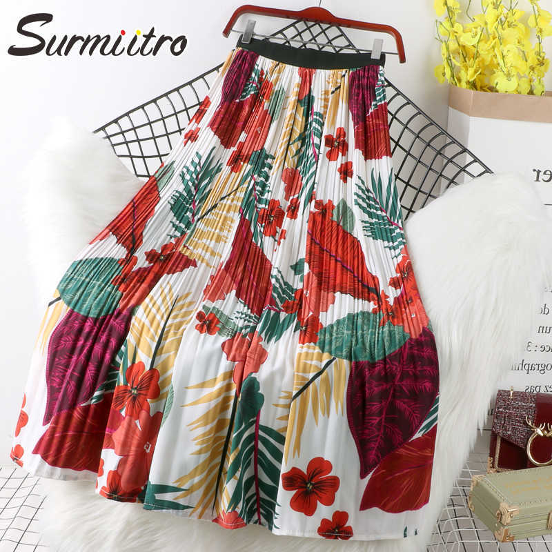 SURMIITRO Floral Print Chiffon Maxi Skirt Women With High Waist Spring Summer Ladies Red Black Long Pleated Female 210619