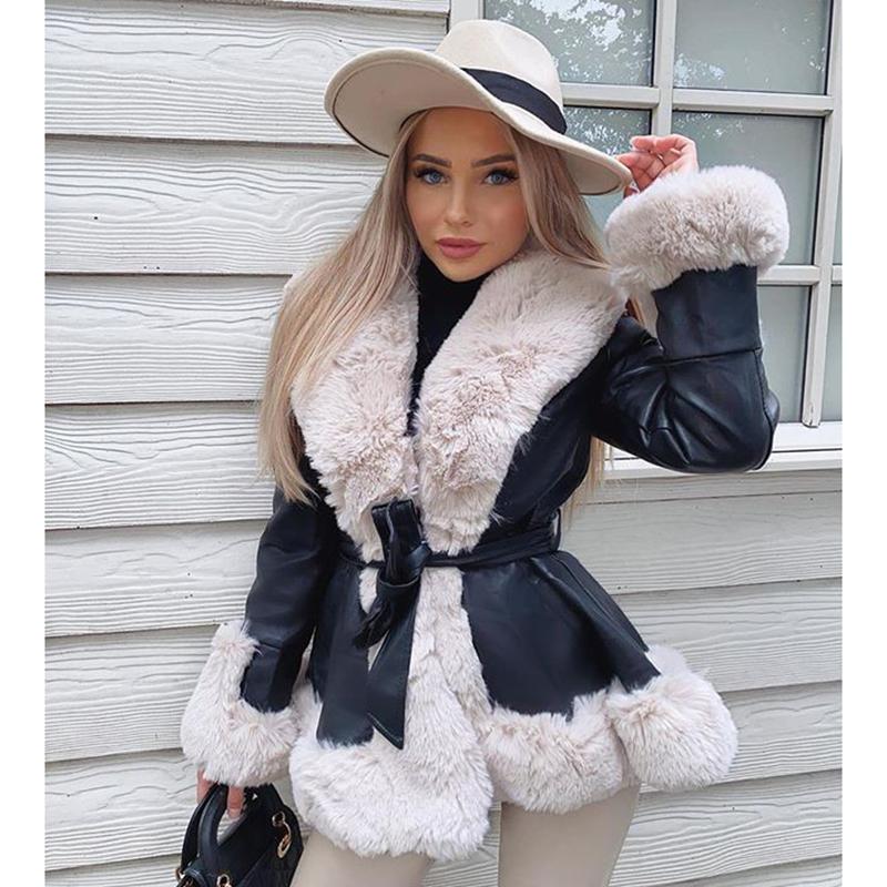 Leather Jackets Women Fashion Tie Belt Waist Short Coats Elegant Side Pockets Faux Fur Female Ladies JT Women's &