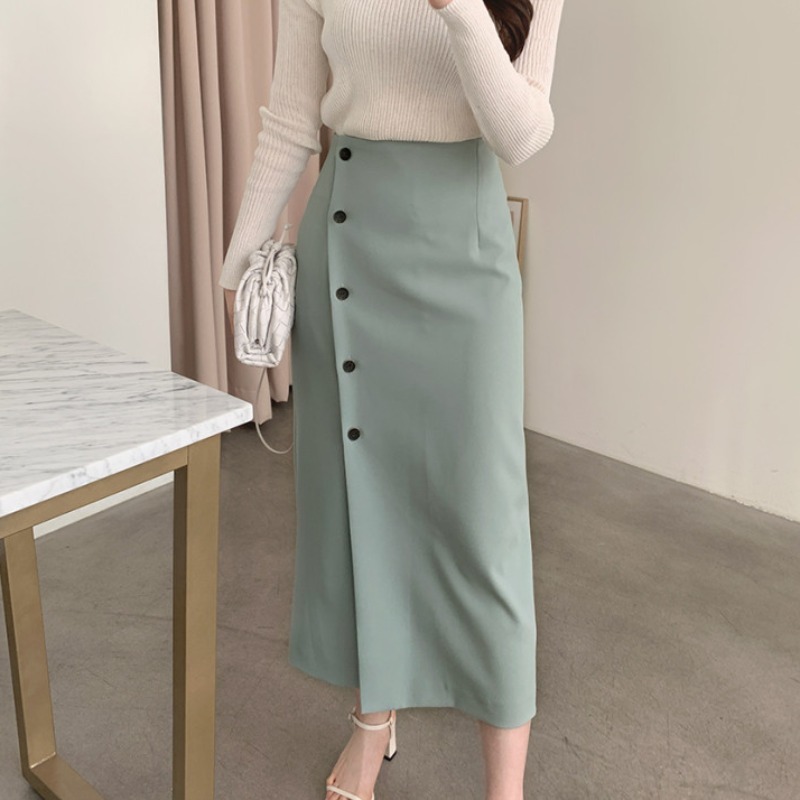 Nomikuma Woman Skirts Vintage Single Breasted High Waist Korean Skirt Causal Fashion Split Faldas Mujer Moda New 6G730 210427
