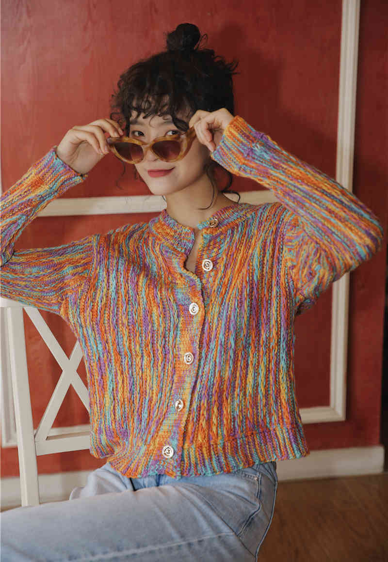 Autumn Colorful Sweater Cardigan Women Long Sleeve Button Up Rainbow Knitted Korean Fashion 210427