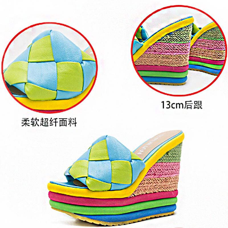 Sandals 2021 Summer Platform Wedge For Women's With Lovely Ainbow Color Weave Fish Mouth High Heels Shoes