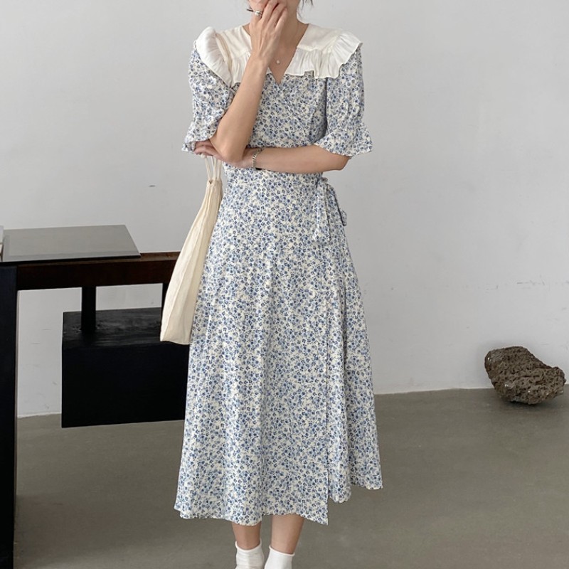 Korea Chic Big Turn Down Collar Long Sleeve Dress Vintage Women Elegant Flower Print High Waist Casual Slim Midi Dress Vestidos 210518
