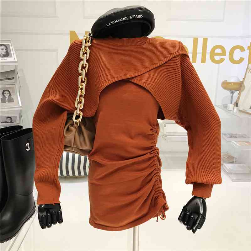 Sexy Two Peices Set Women Knitted Cape + Sleeveless Pleated Mini Dress Style All Match Vestidos Suit Femme 210519