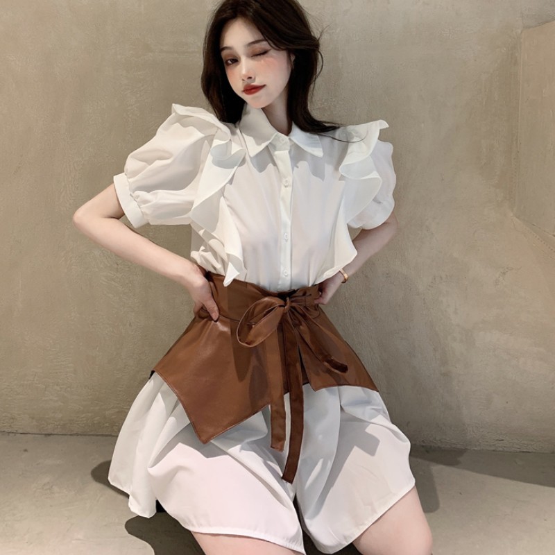 Fashion Women Shirt Dress Summer Korean Short Sleeve Lady Chic Ruffles Mini Dresses Vestidos With Belt 210519