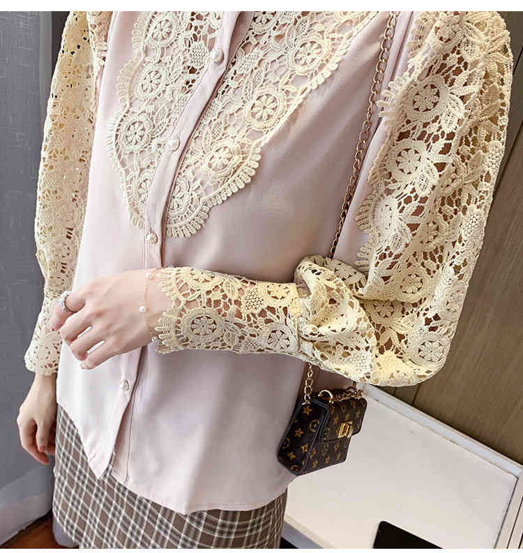 Women's Lace Hollow Out Patchwork Blouses Single Breasted Female Tops Office OL Lady blusas Ropa De Mujer 210520