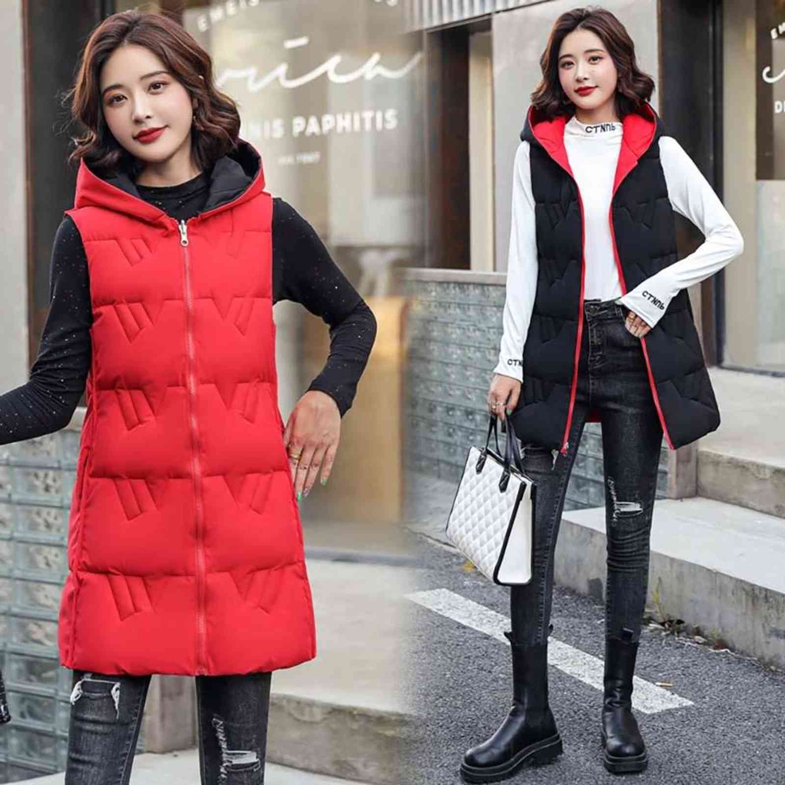 Hooded Long Winter Vest Women Sleeveless Jacket Two Sides Wear Warm Autumn Cotton Waistcoat Zipper Coat Outwear 211120