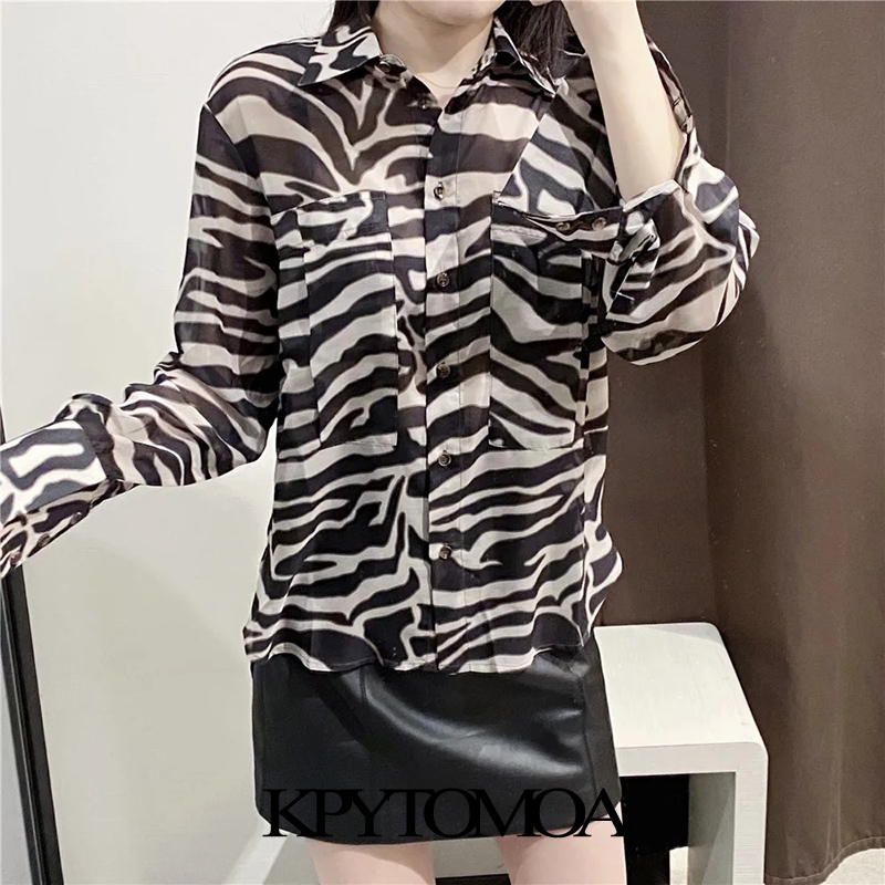 Women Fashion Semi-Sheer Zebra Print Loose Blouses Long Sleeve Pockets Female Shirts Blusas Chic Tops 210420