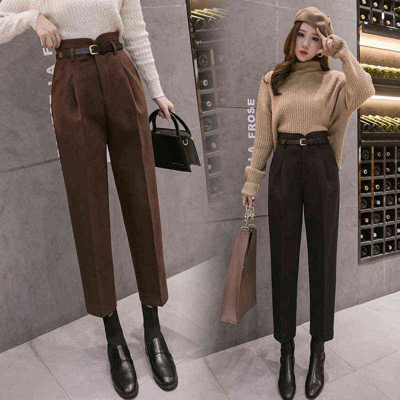 Woolen Formal Women's Harem Pants with Belt Autumn Winter High Waist Office Lady Elegant Ankle-Length Trousers Pocket 211115