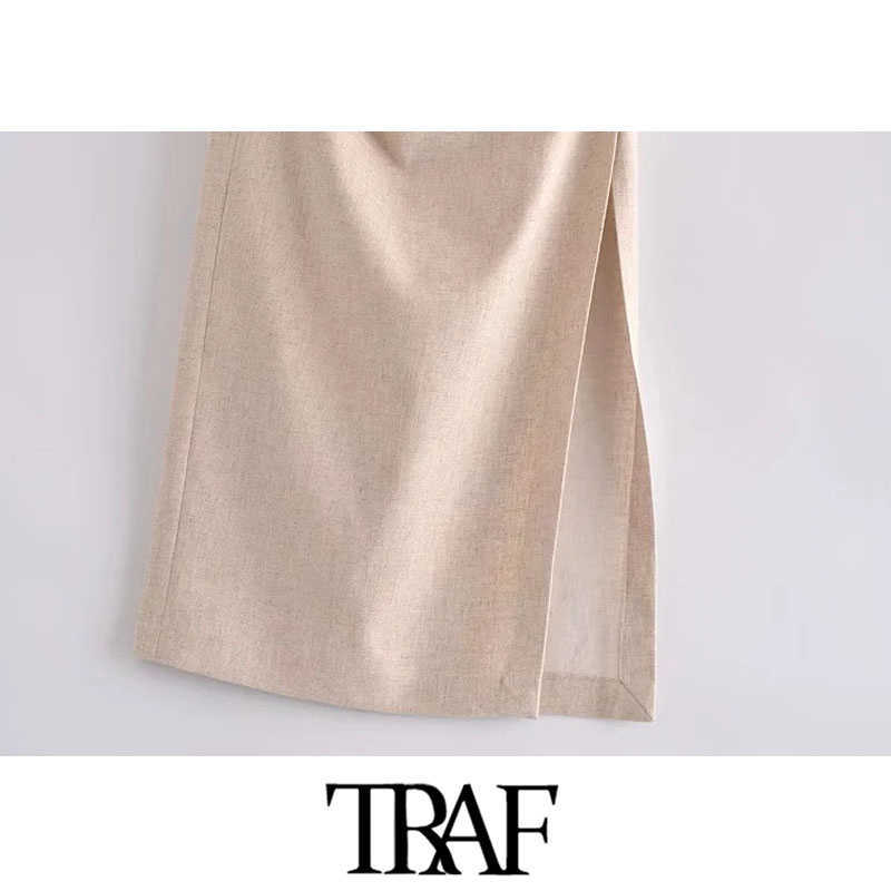 TRAF Women Chic Fashion With Draped Front Slit Linen Midi Skirt Vintage High Waist Back Zipper Female Skirts Mujer 210619