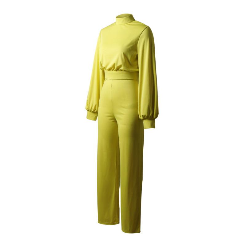 Autumn Jumpsuits Women Solid Color High Collar Long Sleeve High Waist Backless Casual One-piece Trousers Daily Sexy Streetwear 210422