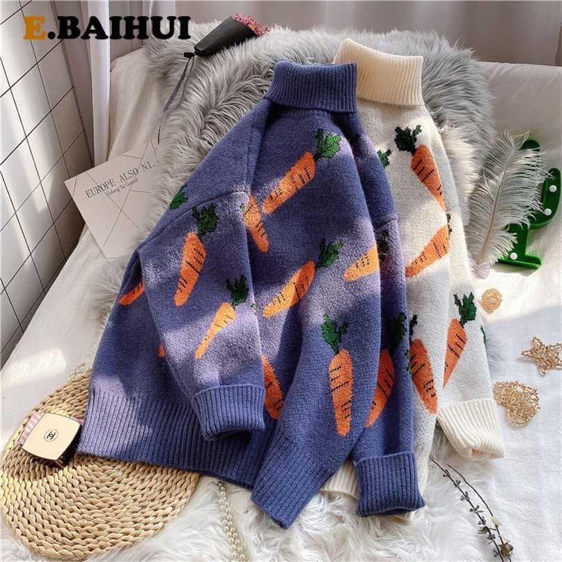 EBAIHUI Knitted Sweater Women Carrot Pattern Long Sleeve Pullover Loose High-necked Blue Yellow Autumn Winter 211011Z