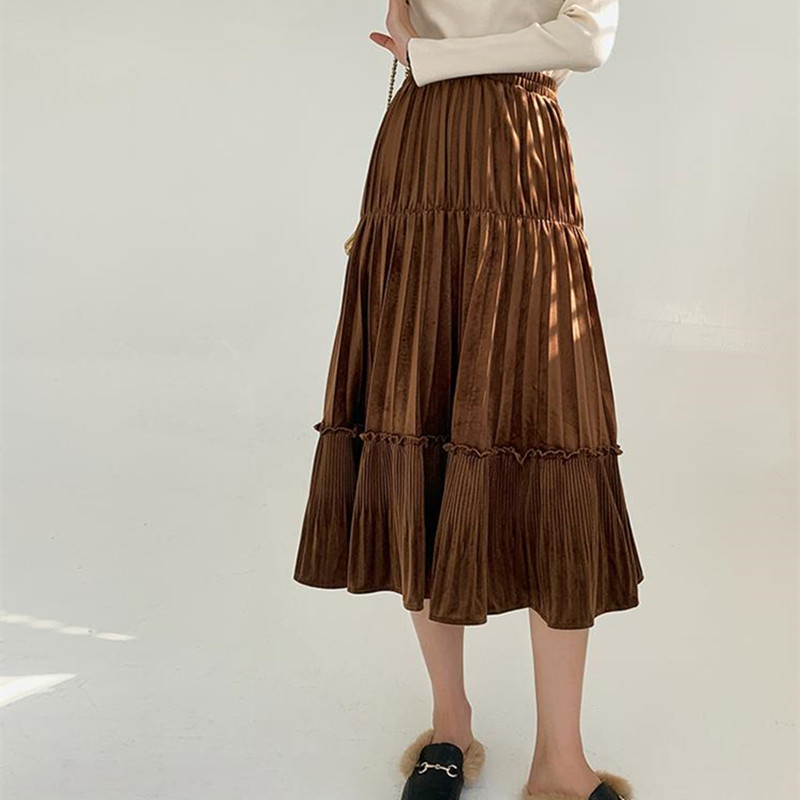 Spring High Waist Retro Solid Pleated Velvet Skirt Autumn Winter OL Elegant Fashion All-match Long Skirts Womens 210421