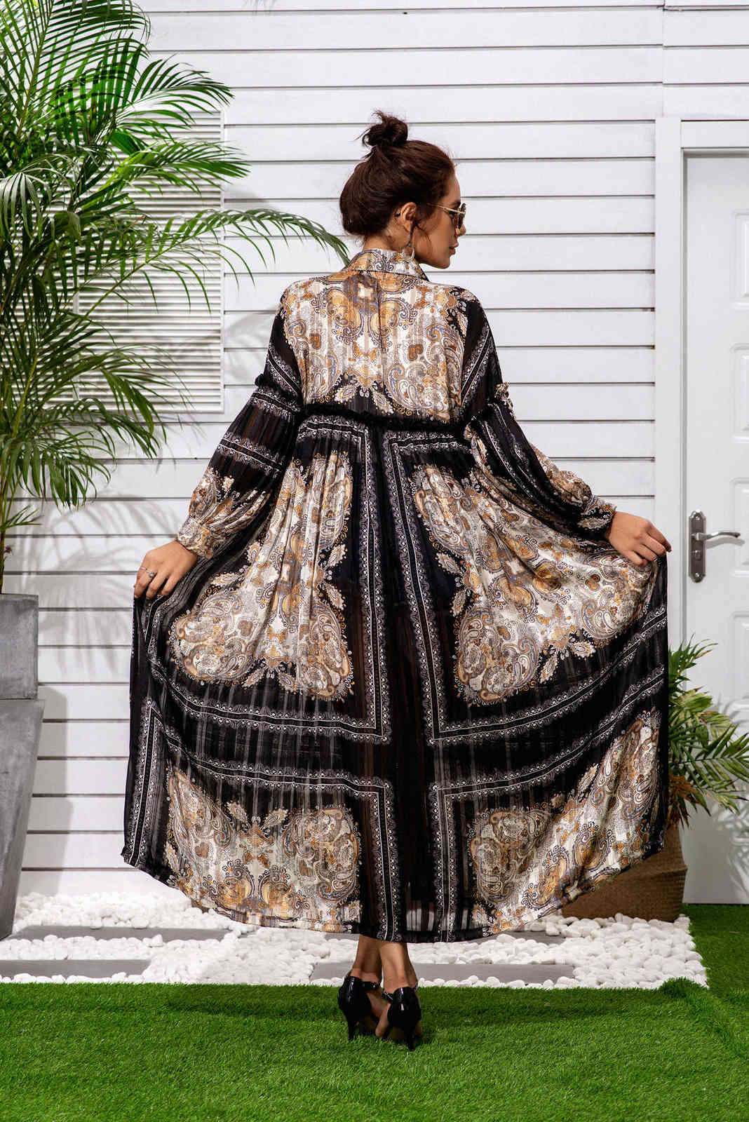 Original Gold Silk Thread Chiffon Printing Long Lantern Sleeves Lace Loose Bohemian Turn Down Collar Shirt Dresses Two Wear 210615Z