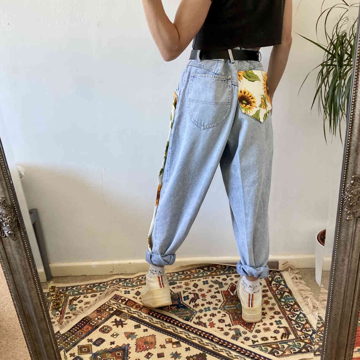 Trend Sunflowers Printed Light Blue Jeans fit women young Girls soft denim long pant patchwork Harem hight waist jeans 210222