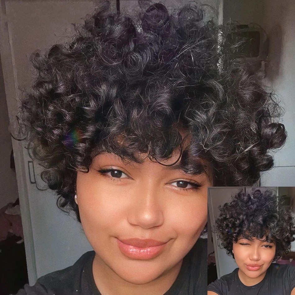 Pixie Cut Human Hair Short Curly Wigs Machine Made Perruque Cheveux Humain Brazilian 150% Full Density Bob Wig