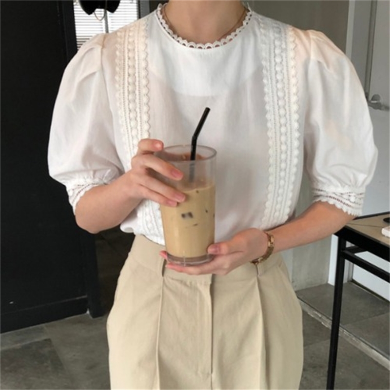 Nomikuma Lace Patchwork Blouse Women Summer Puff Sleeve Shirts Causal O-neck Korean Blusas Mujer De Moda 6H499 210427