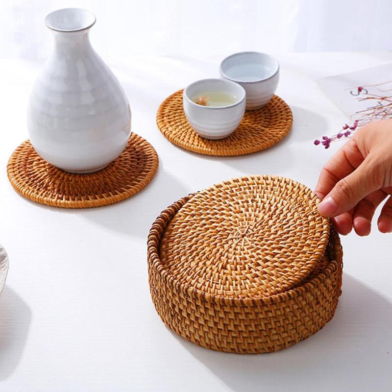Mats & Pads 6pcs Handmade Woven Rattan Cup Coasters With Basket Non-slip Placemat Tea Trays Coffee Mugs Table Mat Insulation Tableware