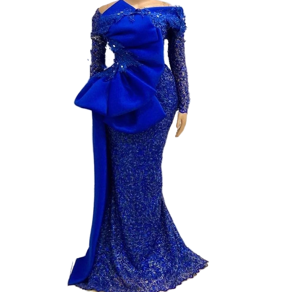 Aso Ebi Royal Blue Formal Mermaid Evening Dresses With Long Sleeves Appliques Lace Bow Special Occasion Gowns Floor Length Reception Dress Prom Wear 2