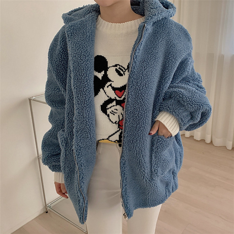 Autumn Winter OL Plus Size Casual Faux Lambwool Coat Women Hooded Fur Jacket Loose Solid Thick Warm Coats Female 210421
