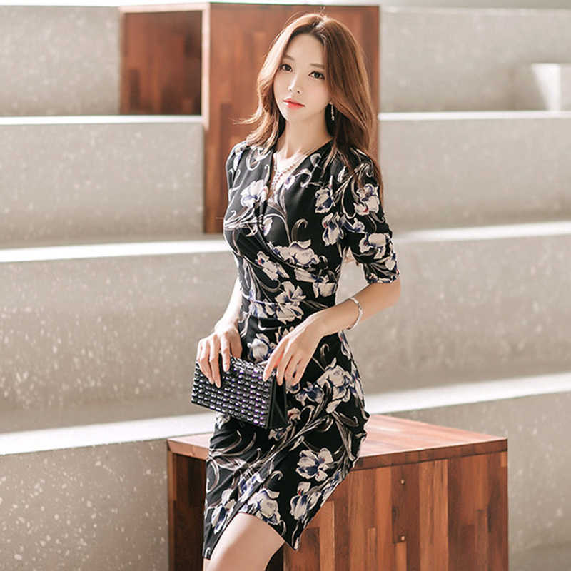 Womens Elegant Floral Print Pencil Dress Spring Fashion V-neck Half Sleeve Ladies Work Party Office Bodycon 210603