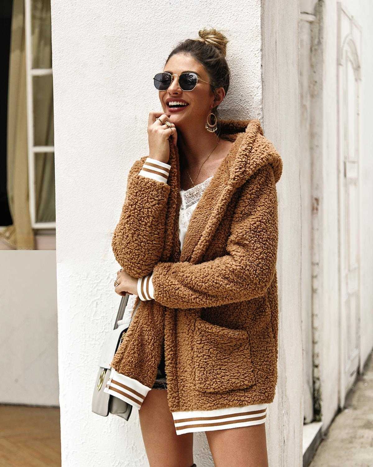 Thick Winter Women Casual Faux Fur Jackets Warm Cardigan Female Teddy Plush Coats Sweatshirt Outerwear Overcoats Streetwear 211019