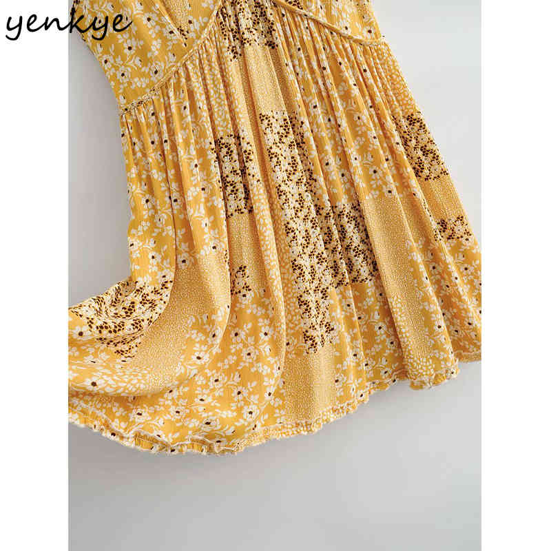 YENKYE Yellow Vintage Floral Print Sexy Sling Dress Women Backless V Neck Sleeveless Holiday Summer Beach Dress Short Robe 210515