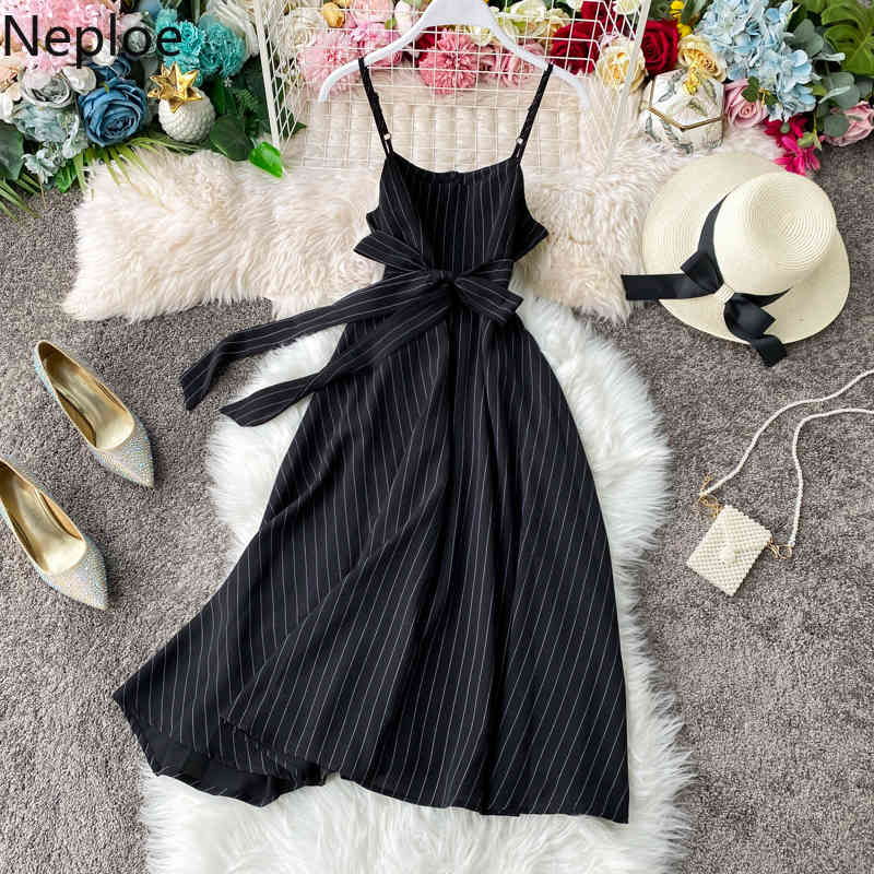 Summer Holiday Beach Sleeveless Camis Dress High Waist Hip Striped A Line Vestido Slim Lace Up Bow Ropa 210422