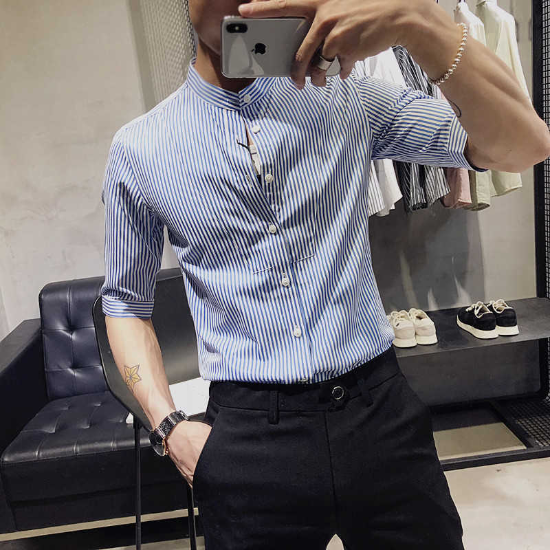 Summer Striped Shirts for Men Stand-up Collar Slim Fit Casual Shirt Male Business Dress Office Work Shirts Camisa Masculina 210527, Blue
Summer Striped Shirts for Men Stand-up Collar Slim Fit Casual Shirt Male Business Dress Office Work Shirts Camisa Masculina 210527, Blue