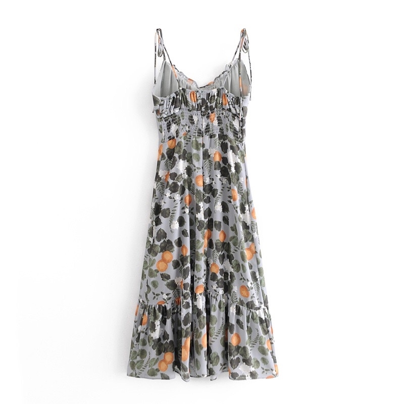Holiday Summer Lemon Floral Print Sling Dress Sexy Sleeveless V Neck A-line Chiffon Long Spaghetti Strap Casual Beach 210429