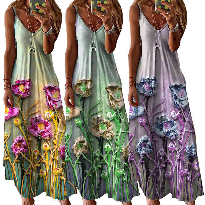 Women Dress Bohemia es Sexy Long Print Floral Maxi V Neck Sleeveless Spaghetti Strap Beach es 210513