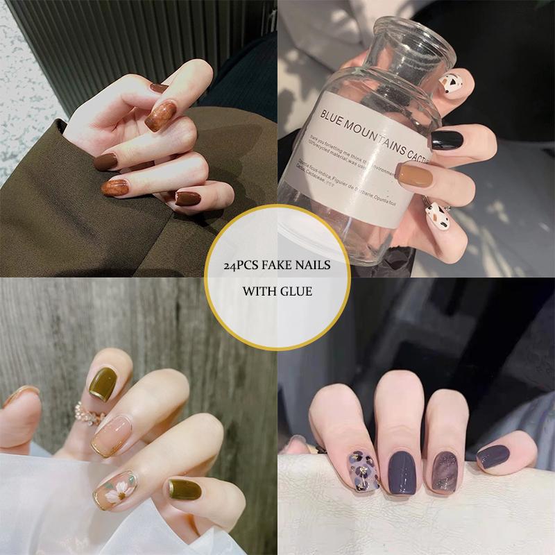 False Nails 24 Pcs Amber Marble Small Floral Design Fake Autumn Flowers Press On Nail Tips Art Tools For Manicure Makeups