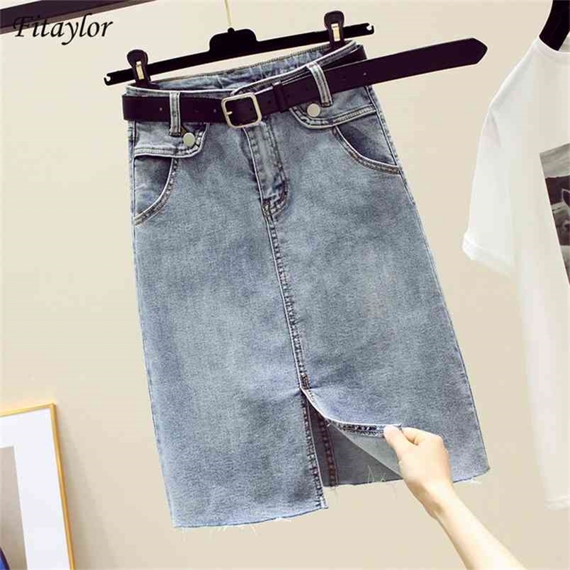 Fitaylor Summer Spring Women Solid Denim Skirt Casual High Waist A-line with Belt Slim Medium Length 210619